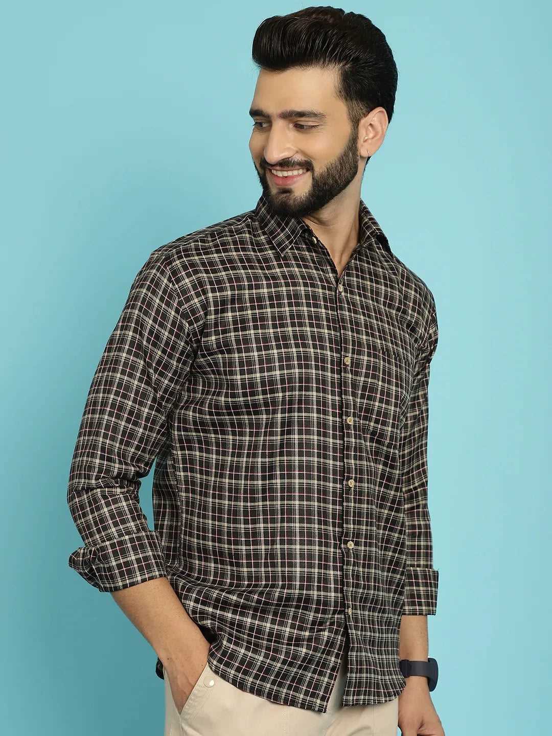 Classic Style Redefined Brown and Black Check Cotton Shirt for Men