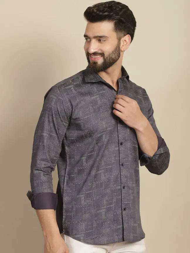 Grey Pure Cotton Printed Partywear Shirt for Men