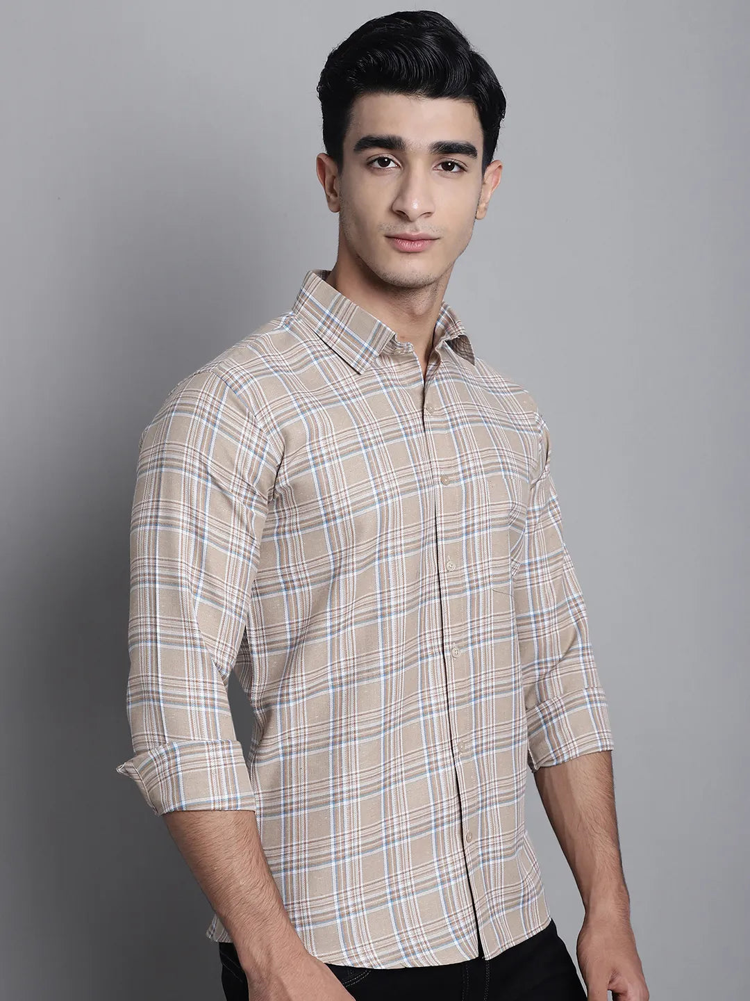 Understated Elegance Men's Beige Check Cotton Shirt – A Blend of Classic Style and Comfort