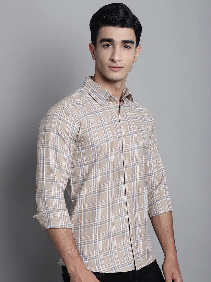 Understated Elegance Men's Beige Check Cotton Shirt – A Blend of Classic Style and Comfort