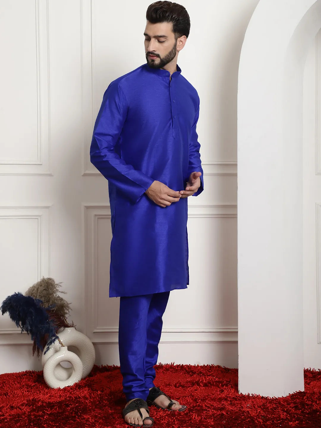 Regal Splendor Royal Blue Silk Dupion Kurta and Churidar Set - Timeless Elegance for Men