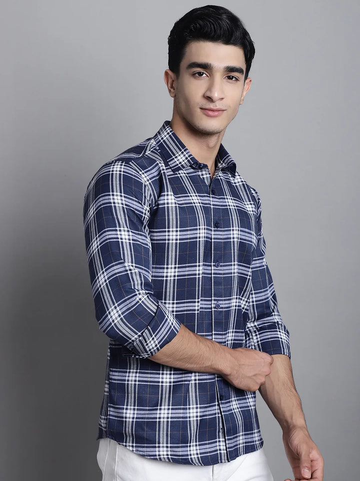 Men's Dark Blue Check Casual Cotton Shirt