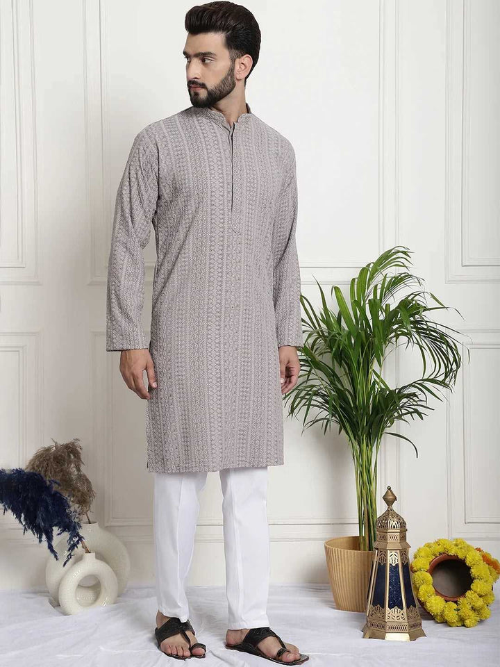 Men's Grey Chikankari Embroidered & Sequence Kurta Pant Set