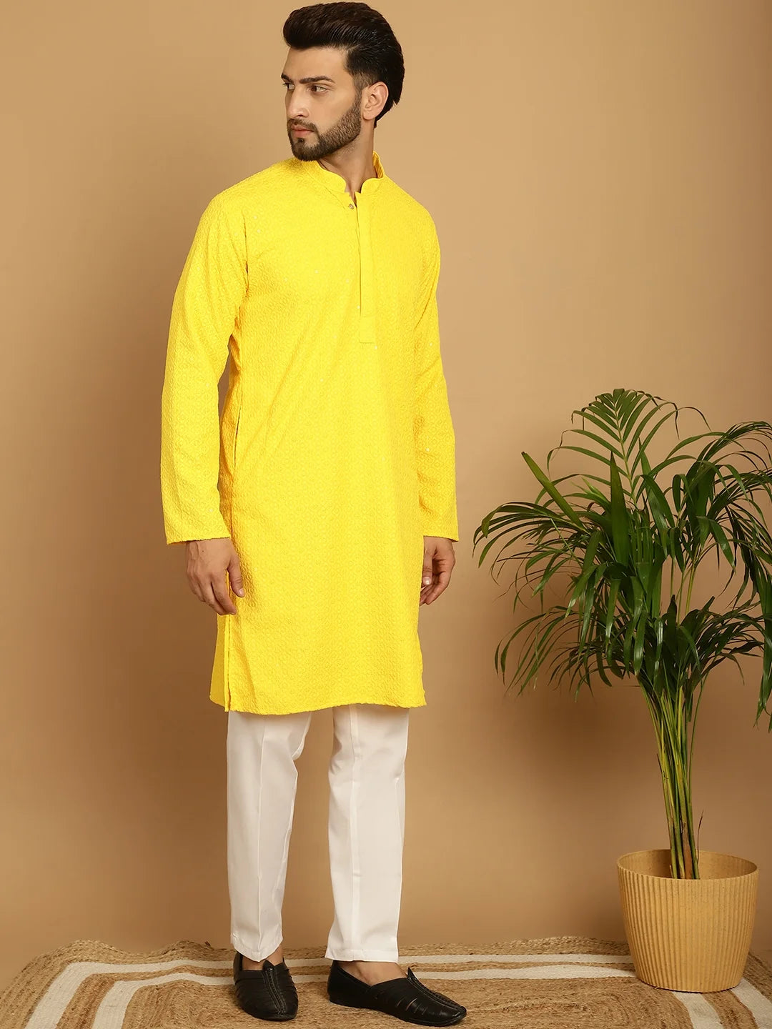 Men's Radiant Elegance: Yellow Rayon Sequence Kurta for a Vibrant Statement