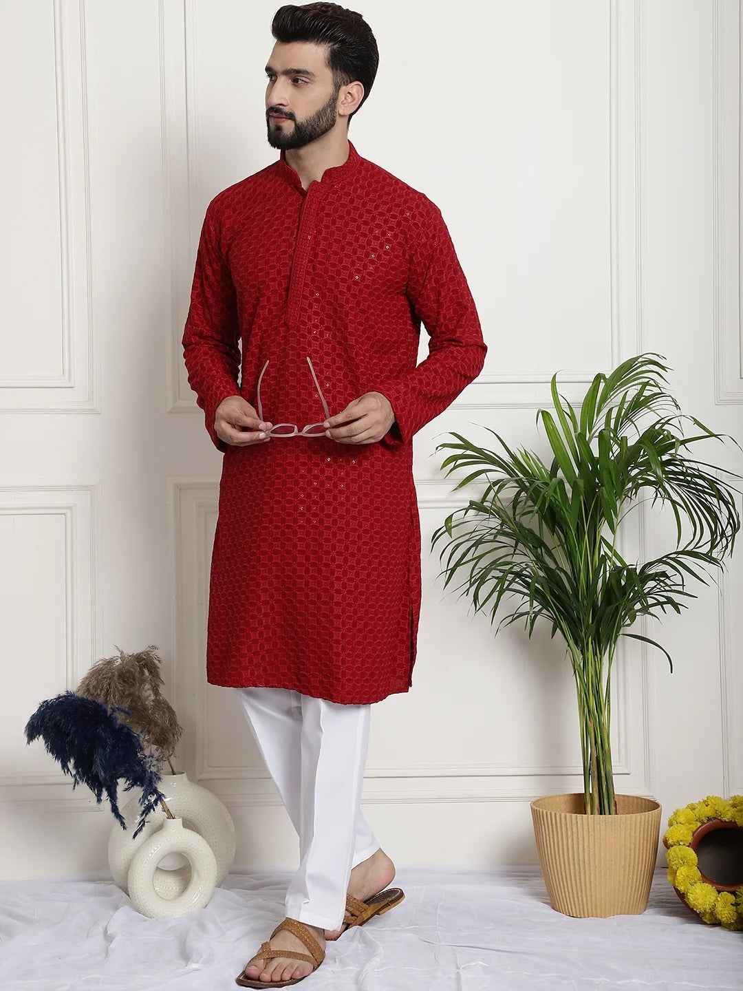 Men's Red Floral Embroidered Thread Work Sequinned Pure Cotton Kurta Pant Set