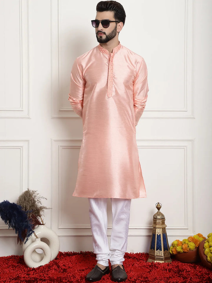 Peach Perfection Solid Plain Embroidered Kurta Pajama Set for Men – Effortless Elegance for Every Occasion