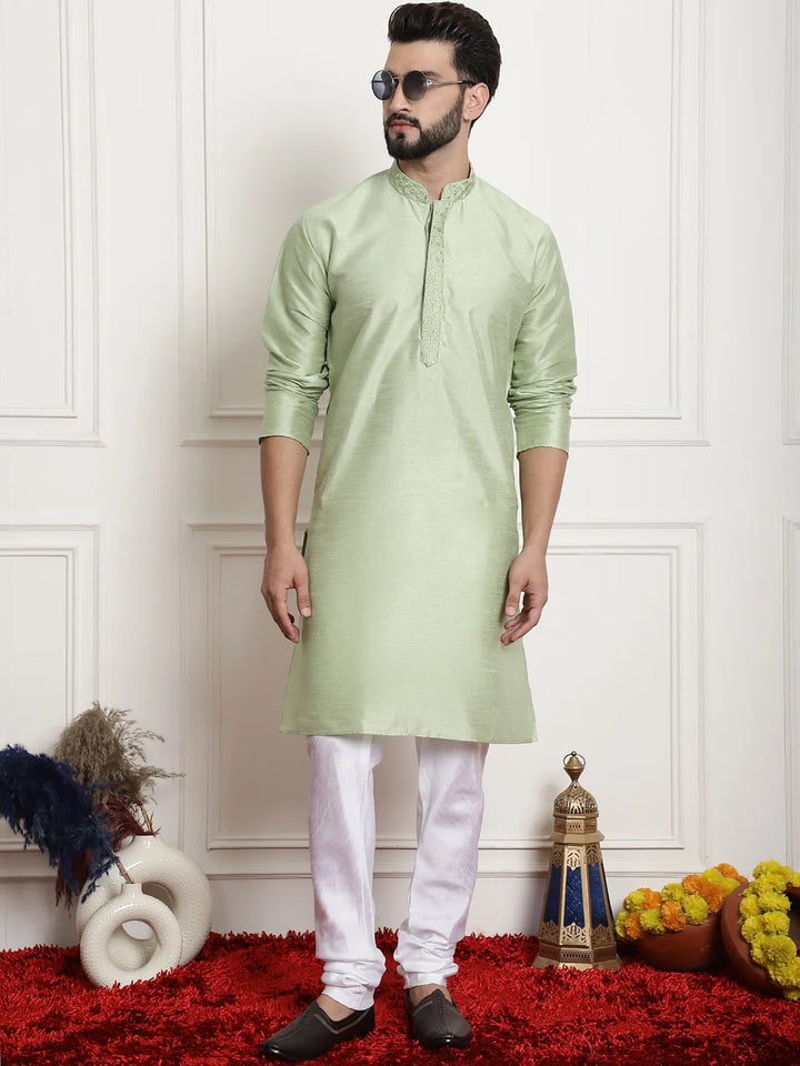 Solid Plain Embroidered Kurta Pyjama Set for Men – A Sartorial Symphony in Sublime Green