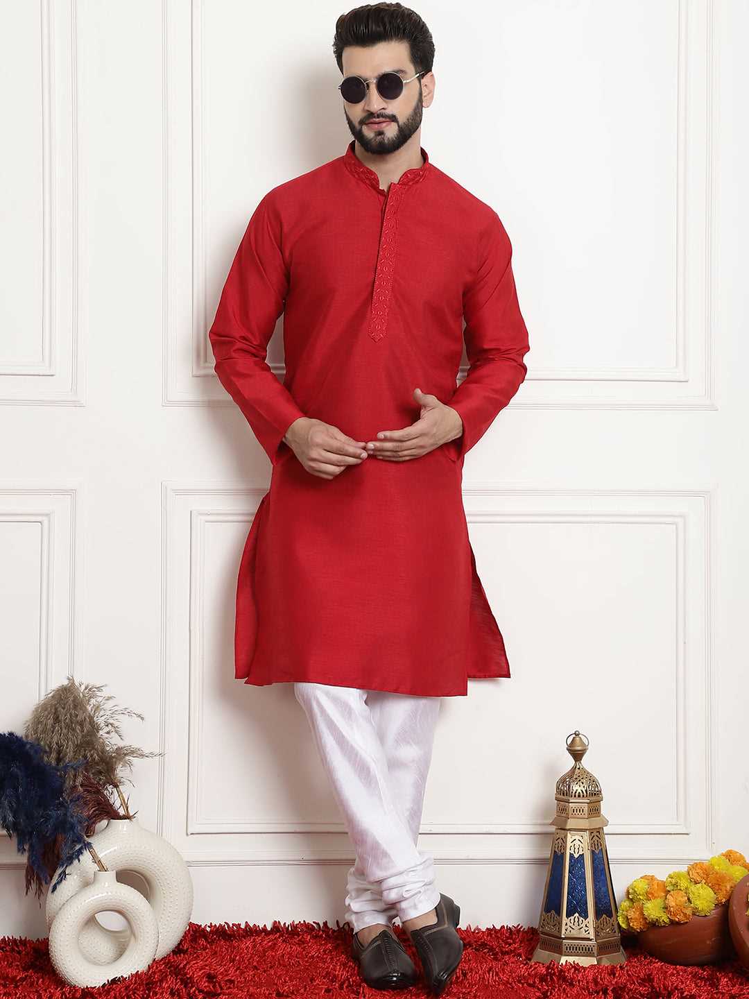 Crimson Classic Solid Plain Embroidered Kurta Pyjama Set for Men