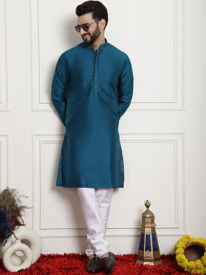 Peacock Splendor Solid Plain Embroidered Kurta Pyjama Set for Men in Stunning Peacock Blue – Timeless Elegance and Modern Sophistication