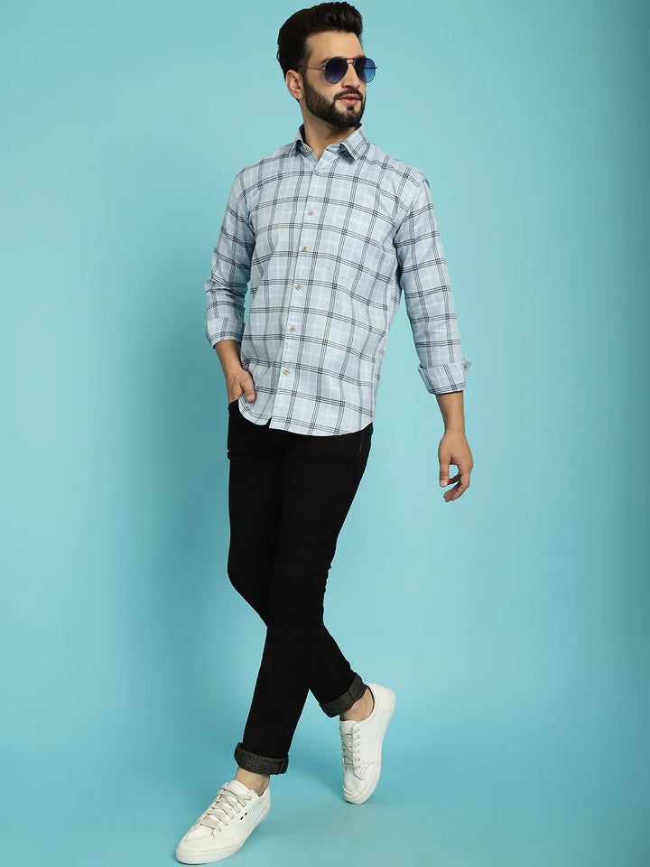 Sky Blue Sophistication Check Cotton Shirt for Men – Elevate Your Style with Timeless Charm