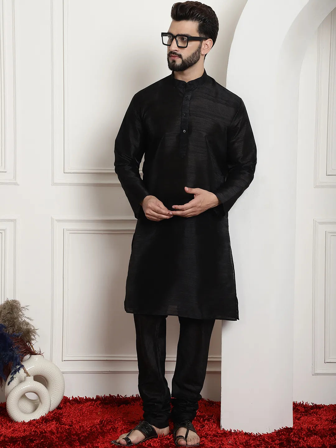 Timeless Allure Black Silk Dupion Kurta and Churidar Set - Classic Elegance for Men