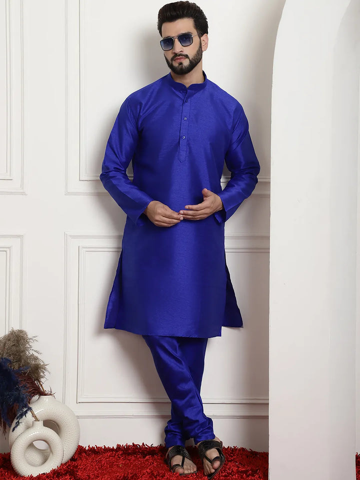 Regal Splendor Royal Blue Silk Dupion Kurta and Churidar Set - Timeless Elegance for Men