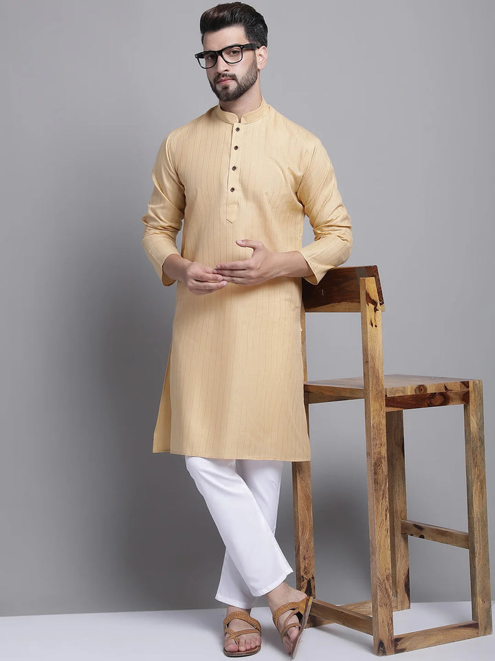 Men's Lining Cotton Regular Beige Kurta With Pyjamas.