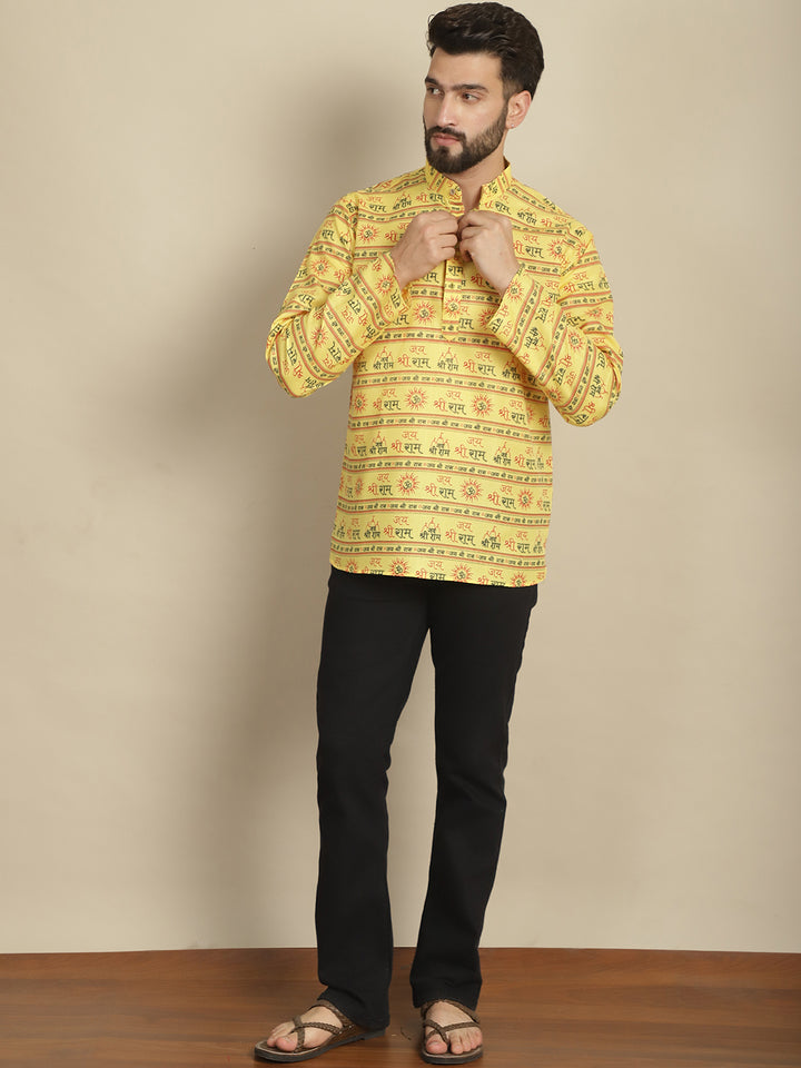 Yellow Jai Shree Ram Short Kurta for Men