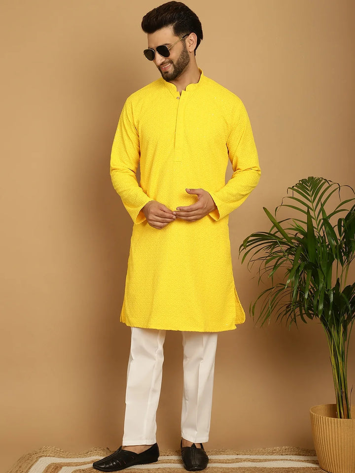 Men's Radiant Elegance: Yellow Rayon Sequence Kurta for a Vibrant Statement