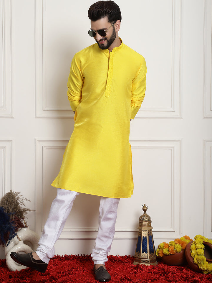 Yellow Solid Embroidered Kurta Churidar Pyjama Set for Men