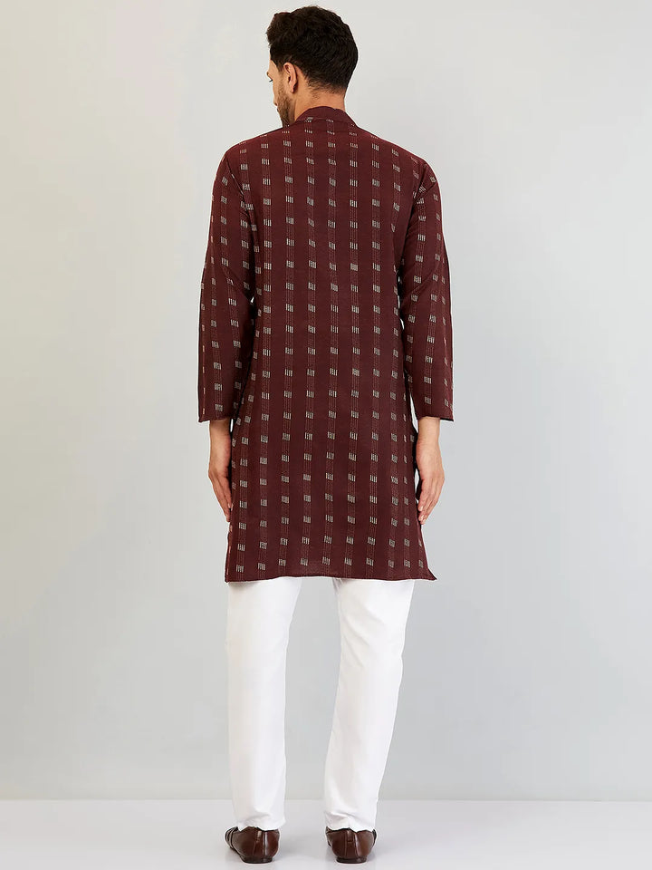 Wine Symphony Self-Design Cotton Kurta Pyjama Set for Men – Timeless Elegance in Rich Burgundy Hues