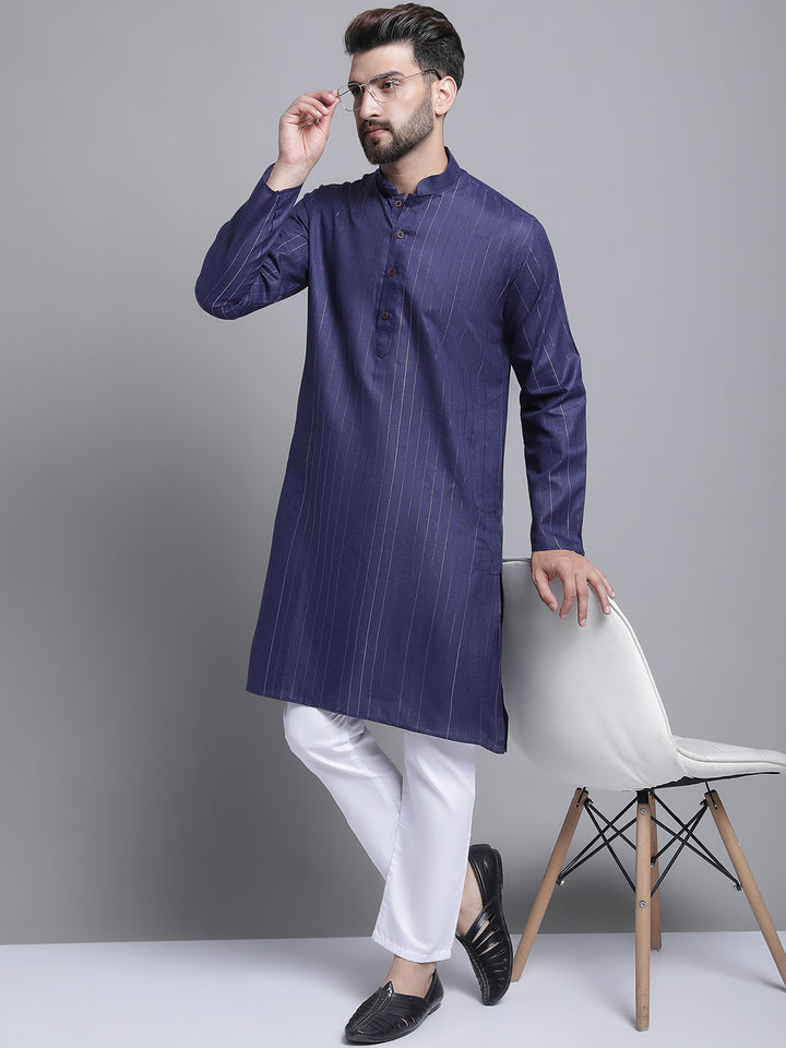 Men's Lining Cotton Regular Navy Blue Kurta With Pajamas.