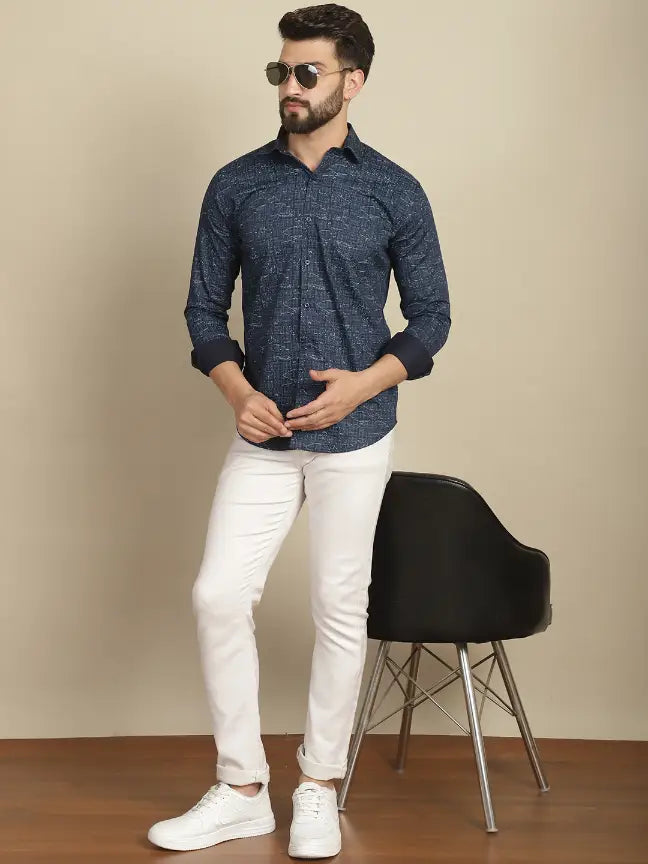 Blue Pure Cotton Printed Partywear Shirt for Men