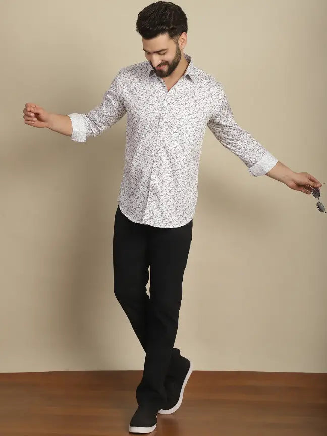 Satin Cream Pure Cotton Abstract Printed Casual Shirt for Men