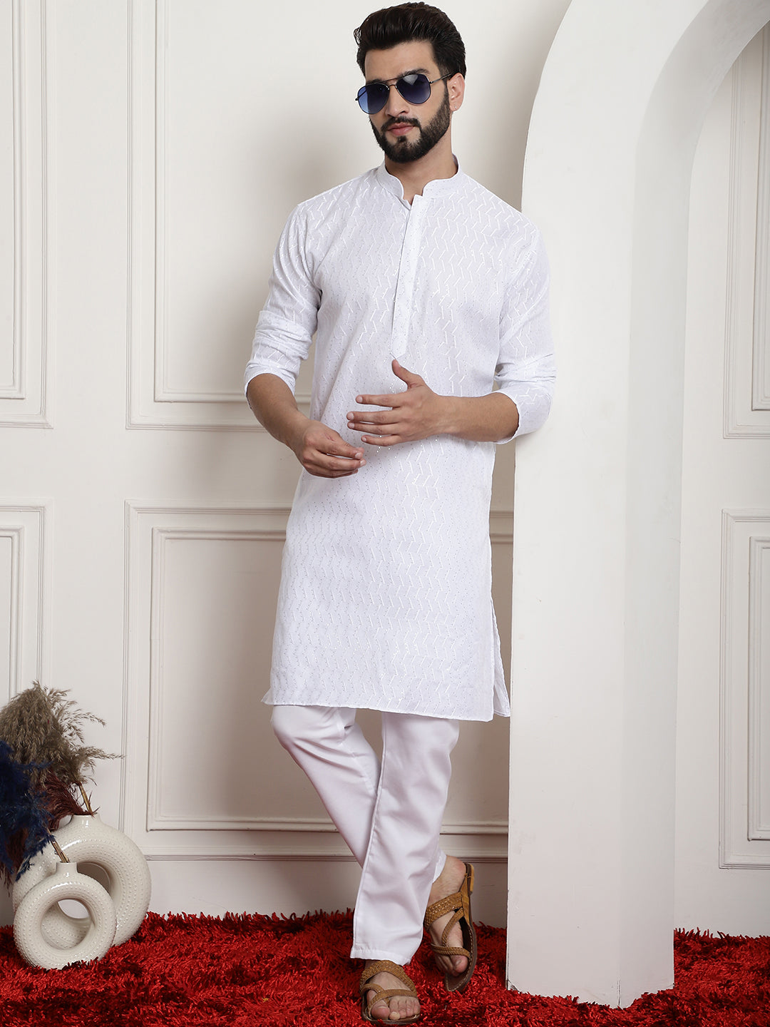 Men's White Chikankari Embroidered & Sequence Kurta