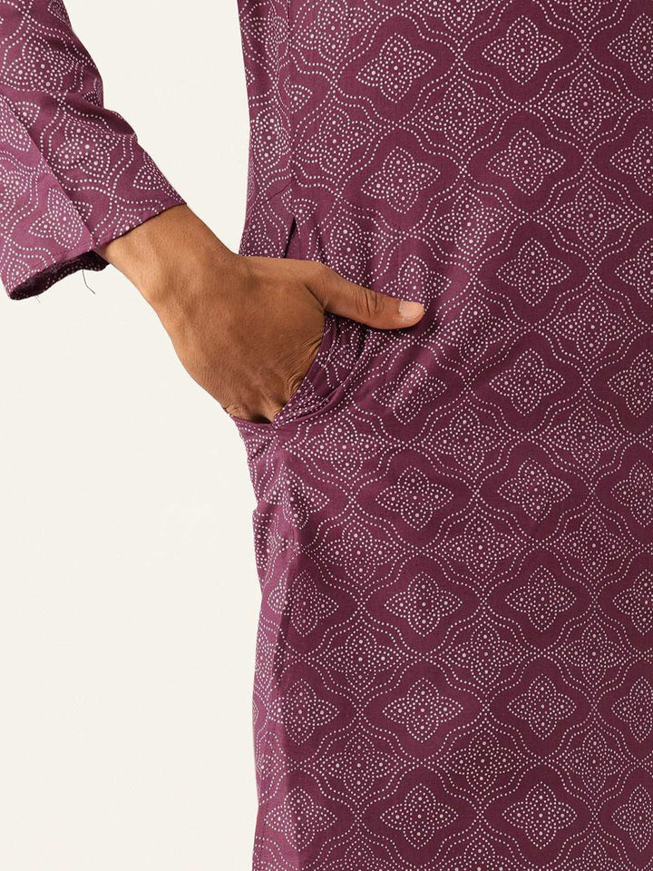 Block Printed Mandarin Collar Cotton Linen Maroon Straight Kurta