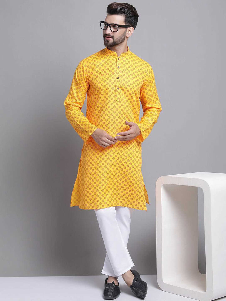 Men's Cotton Blend Regular Yellow Kurta With Pyjama.