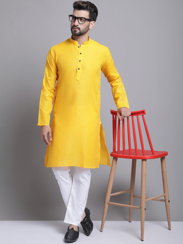 Men's Lining Cotton Regular Yellow Kurta With Pajamas.