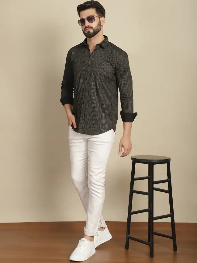 Black Pure Cotton Checked Casual Printed Shirt for Men