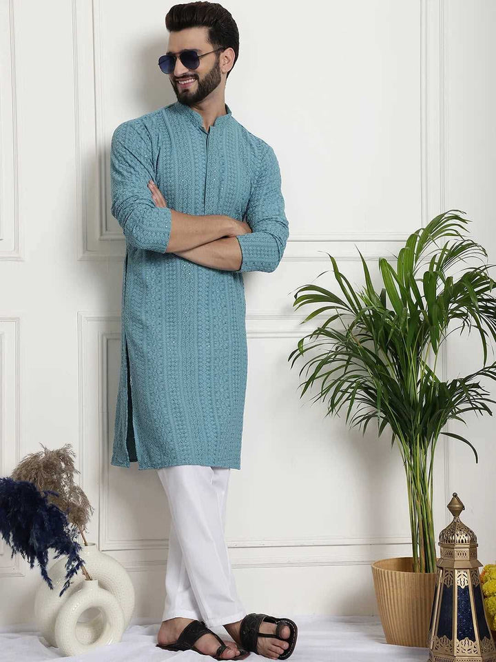 Men's Blue Chikankari Embroidered & Sequence Kurta Pant Set