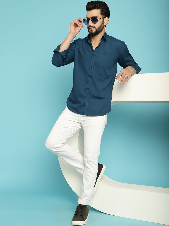 Men's Discover Effortless Elegance with Our Peacock Blue Casual Shirt