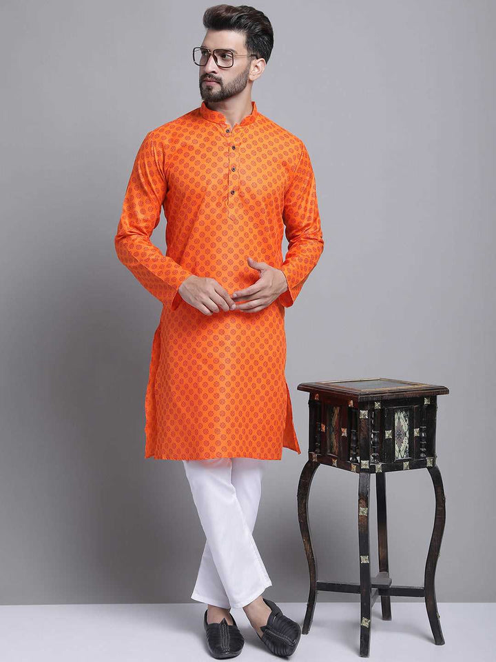 Men's Cotton Blend Regular Orange Kurta With Pyjama.