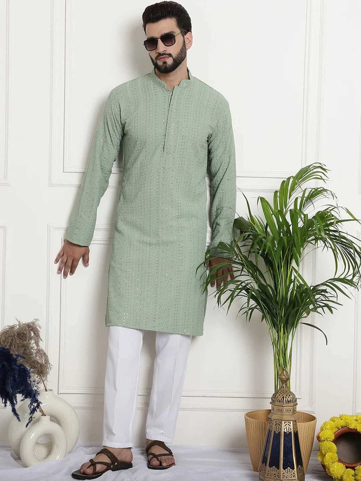 Men's Pista Chikankari Embroidered & Sequence Kurta Pant Set