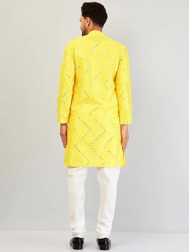 Sunny Radiance Yellow Mirror Work Kurta and Churidar Set for Men - Illuminate Every Occasion with Style