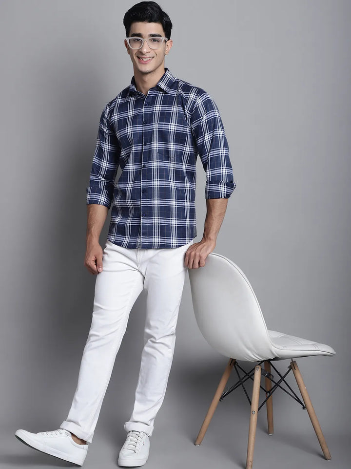 Men's Dark Blue Check Casual Cotton Shirt