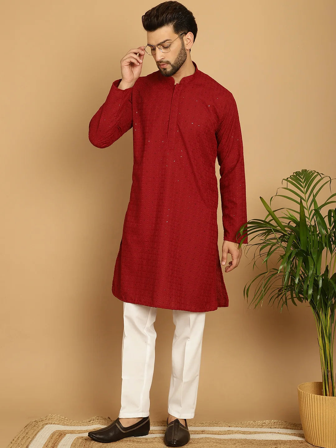 Men's Crimson Charm Red Rayon Sequence Kurta for Timeless Elegance