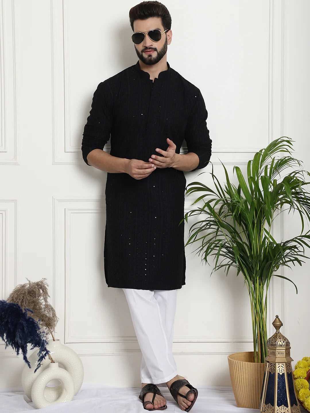 Men's Black Chikankari Embroidered & Sequence Kurta Pant Set