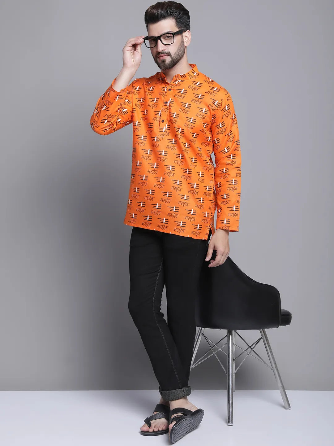 Orange Mahadev Design Short Kurta for Men