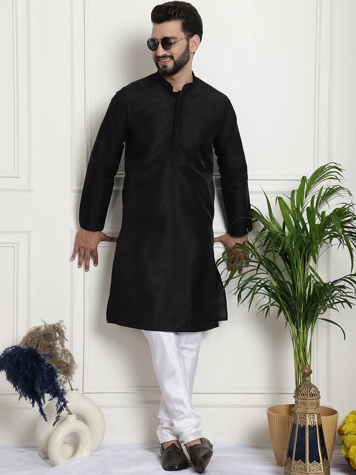 Timeless Chic Black Solid Plain Embroidered Kurta Pyjama Set for Men – Effortless Elegance in Classic Black