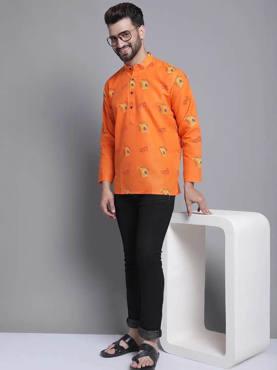 Orange Radhe Radhe Design Short Kurta for Men