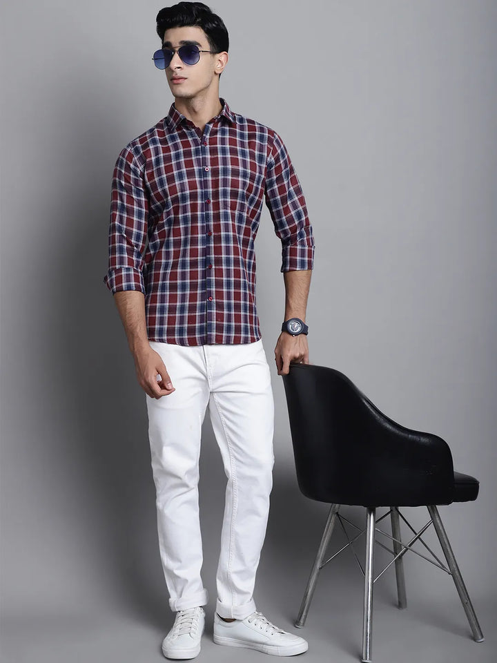 Men's Maroon Check Casual Cotton Shirt for Men