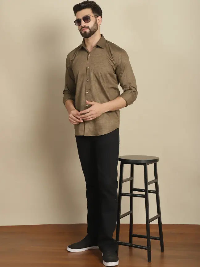 Brown Pure Cotton Checked Casual Shirt for Men