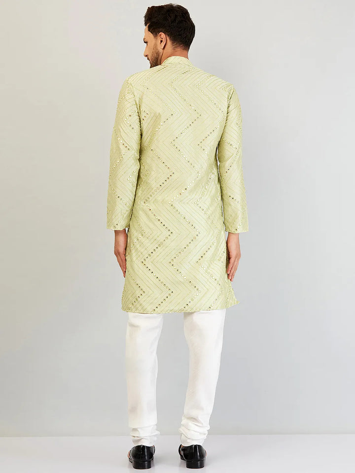 Pista Green Elegance Mirror Work Kurta and Churidar Set for Men - Reflecting Style with Traditional Flair