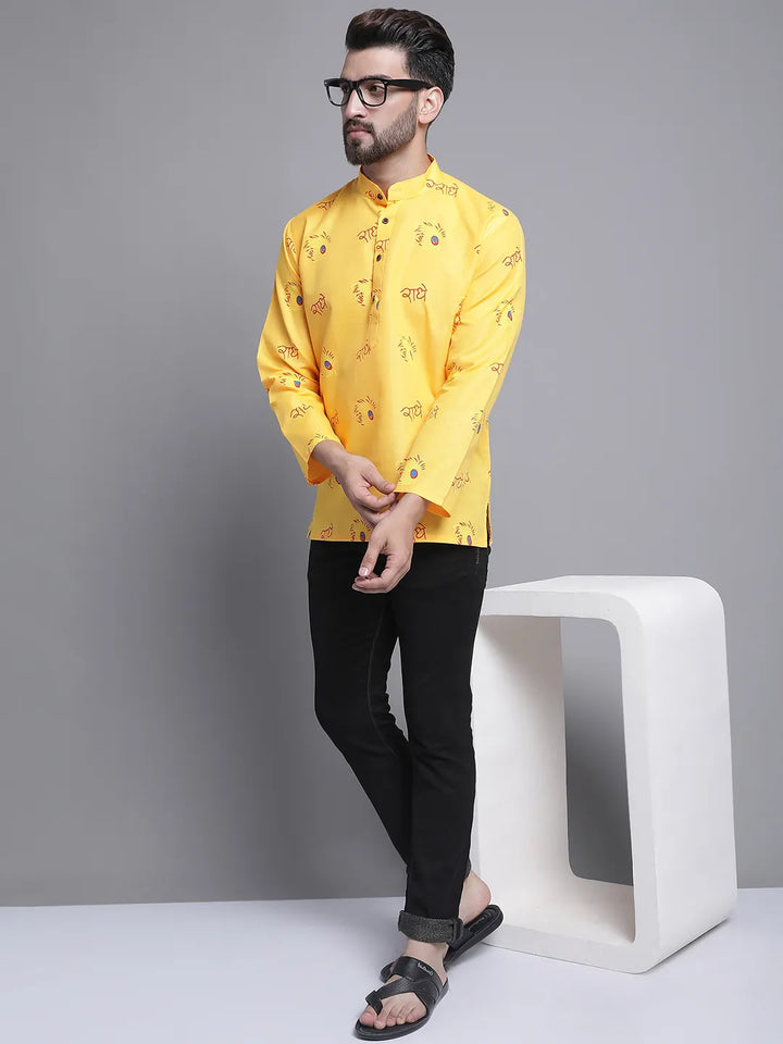 Yellow Radhe Radhe Design Short Kurta for Men