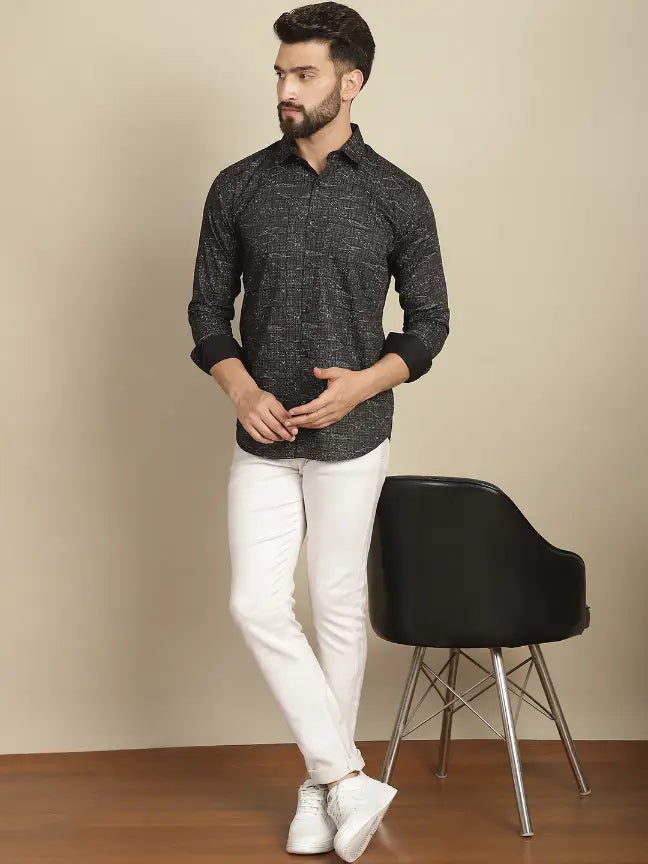 Black Pure Cotton Printed Partywear Shirt for Men