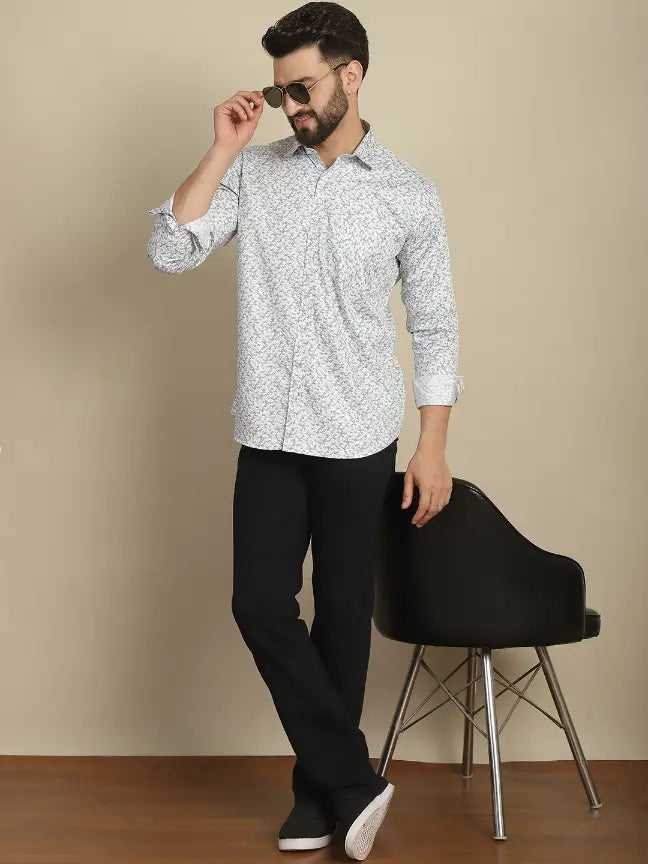 Satin White Pure Cotton Abstract Printed Casual Shirt for Men