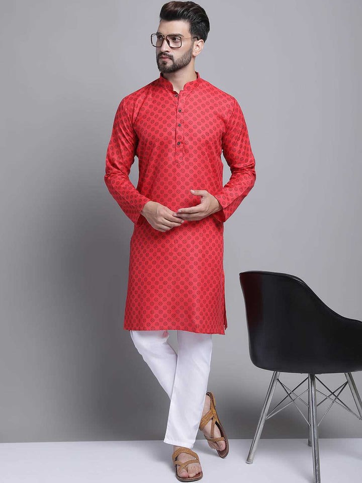 Men's Blend Cotton Printed Regular Red Kurta With Pajamas.