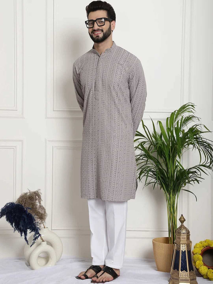 Men's Grey Chikankari Embroidered & Sequence Kurta Pant Set