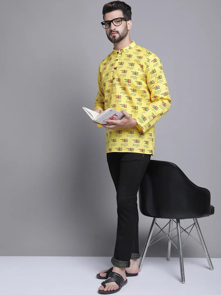 Yellow Mahadev Design Short Kurta for Men