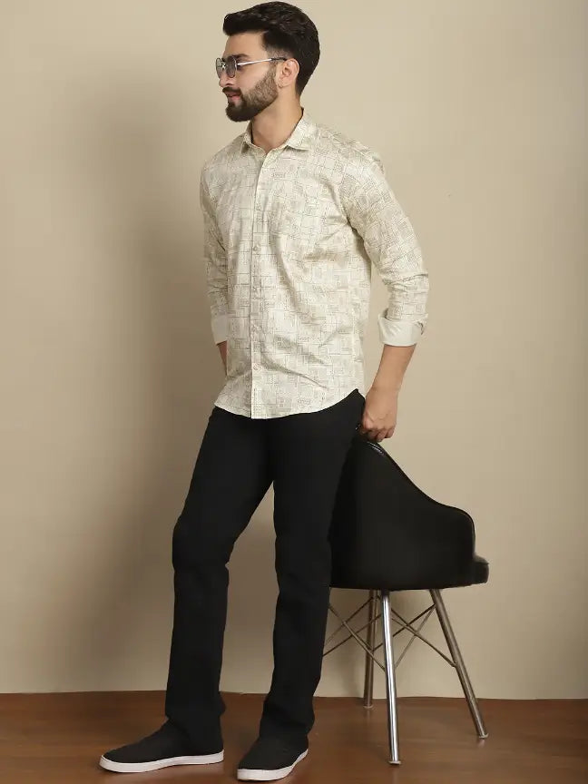 Satin Beige Pure Cotton Abstract Printed Casual Shirt for Men